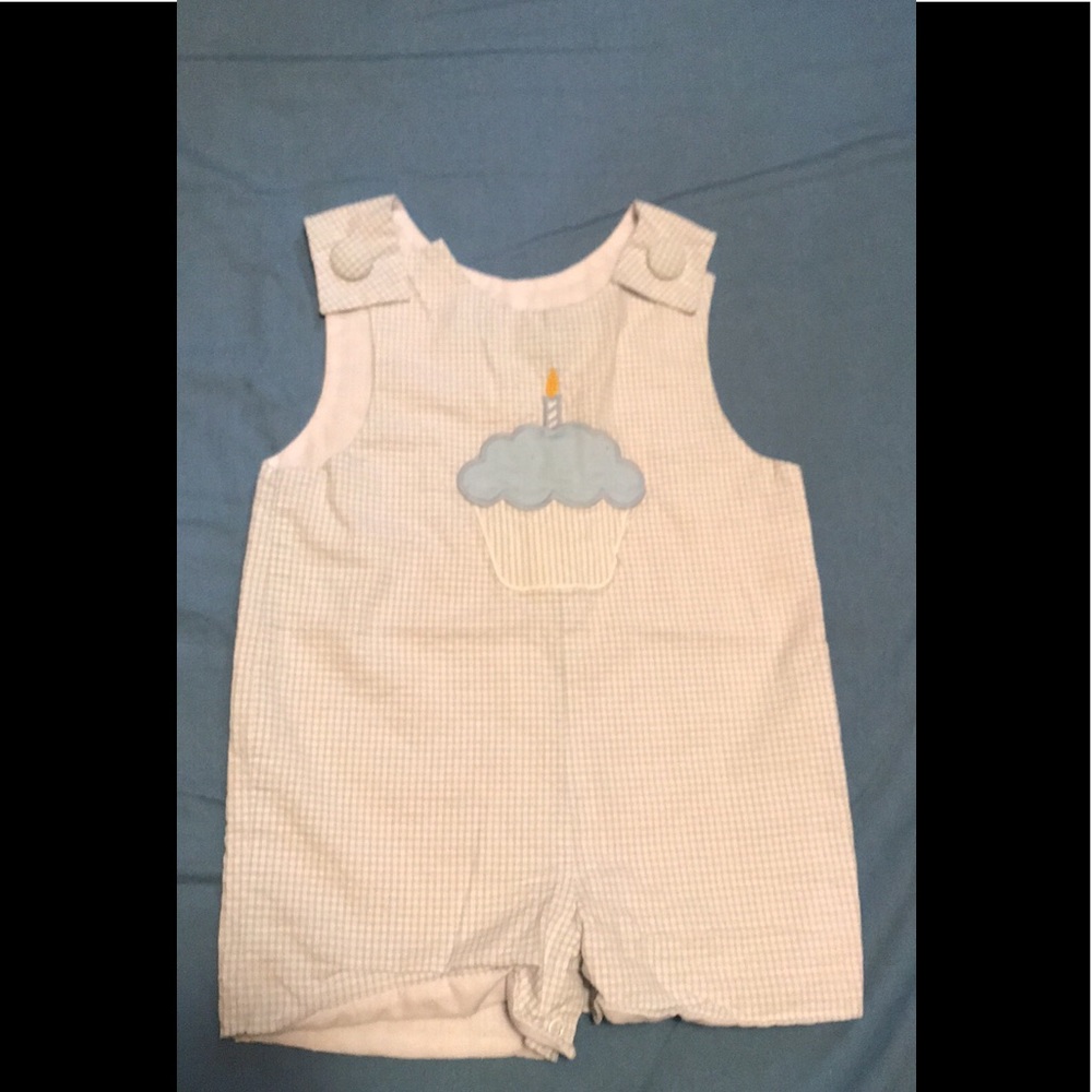 FIRST BIRTHDAY BLUE SMOCKED BABY BOY OUTFIT